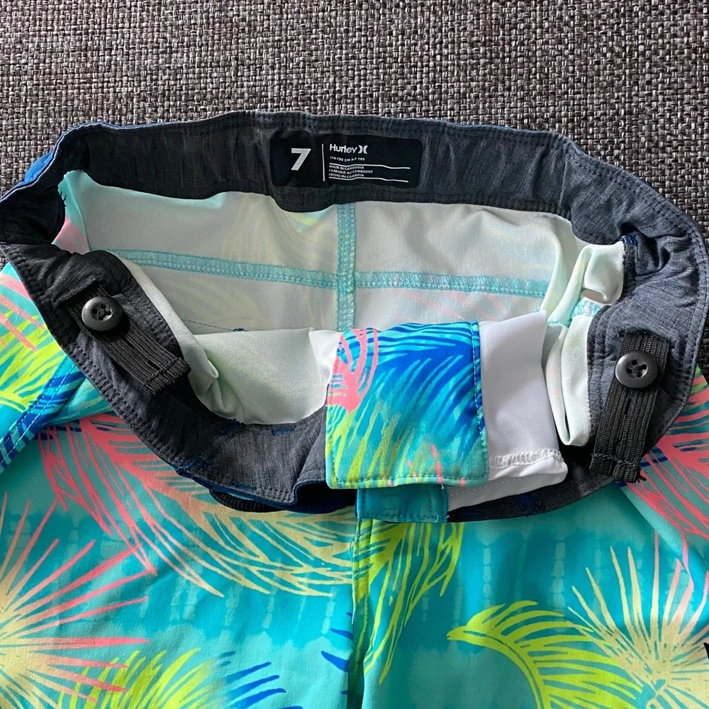 Boys 7 Hurley Blue Boardshorts Unlined Swim Trunks, Tropical Print, Blue, Teal